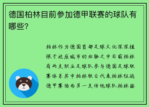 德国柏林目前参加德甲联赛的球队有哪些？